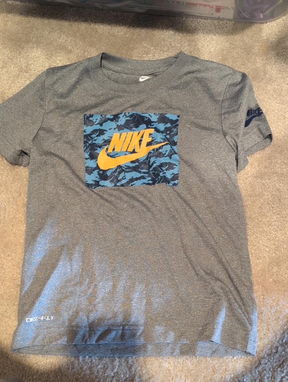 Nike Gray Tee with Blue Camo Square and Yellow Logo
